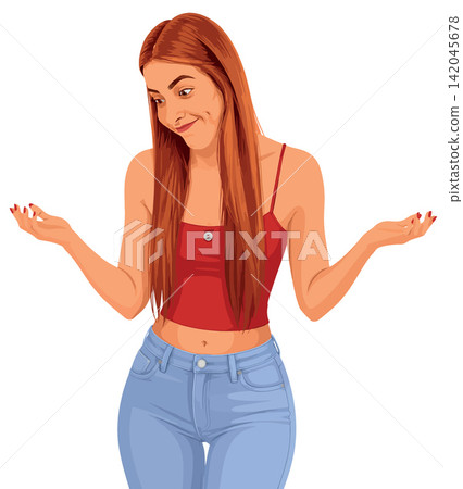Vsai young woman shrugging expressing doubt and uncertainty Vsai young woman shrugging expressing doubt and uncertainty 142045678