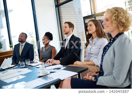 Listen, presentation or business people in audience in seminar, workshop or meeting for coaching. Investors, smile or happy staff in crowd at conference or convention for education, pitch or learning Listen, presentation or business people in audience in seminar, workshop or meeting for coaching. Investors, smile or happy staff in crowd at conference or convention for education, pitch or learning 142045887
