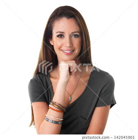 Woman, portrait and fashion in studio, hipster and smile for casual outfit on white background. Happy female person, university student and aesthetic for college, jewelry and cool style for trend Woman, portrait and fashion in studio, hipster and smile for casual outfit on white background. Happy female person, university student and aesthetic for college, jewelry and cool style for trend 142045901