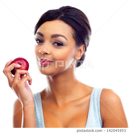 Woman, portrait and apple in studio for organic beauty, wellness and natural skincare with benefits. Female model, smile and fruit on white background with mockup for cosmetics, facial and nutrition Woman, portrait and apple in studio for organic beauty, wellness and natural skincare with benefits. Female model, smile and fruit on white background with mockup for cosmetics, facial and nutrition 142045953