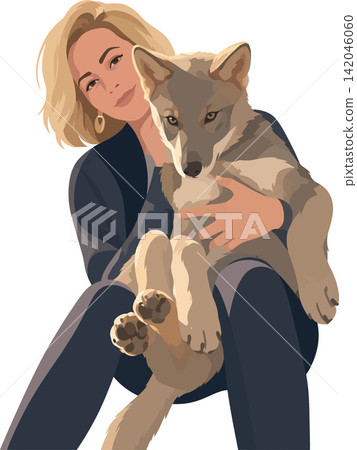 Vsai woman embracing wolf pup showing human animal bond Vsai woman embracing wolf pup showing human animal bond 142046060