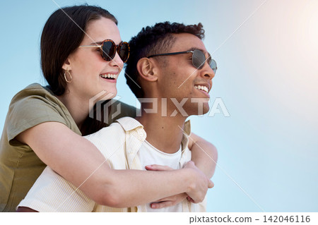 Happy couple, hug and beach with sunglasses, love or support for holiday, weekend or outdoor vacation. Man and woman with smile for care, embrace or bonding on fun adventure with sunshine in nature Happy couple, hug and beach with sunglasses, love or support for holiday, weekend or outdoor vacation. Man and woman with smile for care, embrace or bonding on fun adventure with sunshine in nature 142046116