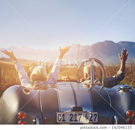 Convertible, car and driving with freedom on road trip with couple on highway in countryside. Holiday, journey and travel in summer in luxury vehicle or transport on vacation adventure with happiness Convertible, car and driving with freedom on road trip with couple on highway in countryside. Holiday, journey and travel in summer in luxury vehicle or transport on vacation adventure with happiness 142046135