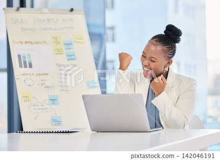Woman, laptop and fist celebration in office with smile, sales or productivity for profit, win or goals. Black business person, computer or cheers for success with presentation, whiteboard or results Woman, laptop and fist celebration in office with smile, sales or productivity for profit, win or goals. Black business person, computer or cheers for success with presentation, whiteboard or results 142046191