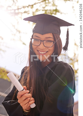 Portrait, woman and happy for college graduation on campus with celebration, success and completion for qualification. Female person, university and smile with certificate in confidence and pride Portrait, woman and happy for college graduation on campus with celebration, success and completion for qualification. Female person, university and smile with certificate in confidence and pride 142046208