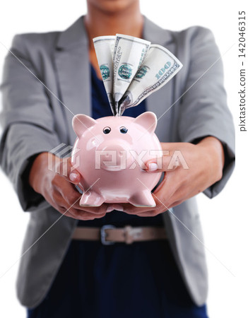 Business, woman and savings or money in studio for investment or cashback, profit and financial freedom. Girl, piggy bank and dollars or cash on white background for banking, growth and payment Business, woman and savings or money in studio for investment or cashback, profit and financial freedom. Girl, piggy bank and dollars or cash on white background for banking, growth and payment 142046315