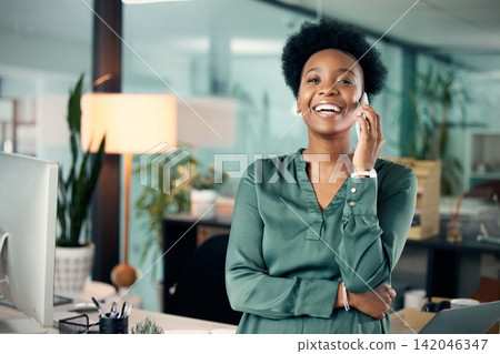 African woman, portrait and office with phone call, smile and confidence for goals. Creative writer, professional news editor and expert reporter for content creation, publishing and press startup African woman, portrait and office with phone call, smile and confidence for goals. Creative writer, professional news editor and expert reporter for content creation, publishing and press startup 142046347
