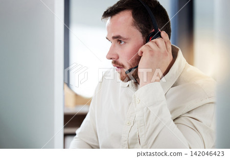 Man, help and office for technical support in call center with advice, feedback and consultation. Employee, talking and contact us to chat with customer care for problem solving, solution and service Man, help and office for technical support in call center with advice, feedback and consultation. Employee, talking and contact us to chat with customer care for problem solving, solution and service 142046423