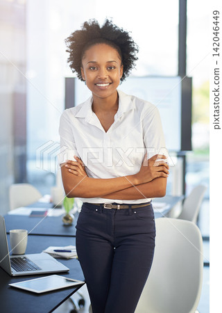 Portrait, laptop and black woman in boardroom, smile and editor for project, corporate and proposal. Public relations, review and proofreading of articles, technology and online for monitor in office Portrait, laptop and black woman in boardroom, smile and editor for project, corporate and proposal. Public relations, review and proofreading of articles, technology and online for monitor in office 142046449