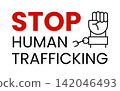 Vector illustration Stop Human Trafficking with raised fist and broken shackle. Liberation, modern slavery awareness, and human rights protest isolated on white. 142046493