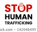 Vector illustration Stop Human Trafficking with open hand symbol inside letter O. Modern slavery awareness and human rights campaign isolated on white background. 142046495