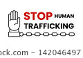 Vector illustration Stop Human Trafficking with chained open hand. Modern slavery awareness, forced labor protest, and human rights advocacy isolated on white background. 142046497