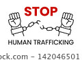 Vector illustration Stop Human Trafficking with broken chain between two raised fists. Liberation, modern slavery awareness, and human rights campaign isolated on white. 142046501