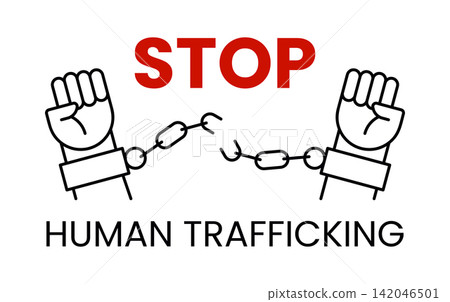 Vector illustration Stop Human Trafficking with broken chain between two raised fists. Liberation, modern slavery awareness, and human rights campaign isolated on white. 142046501