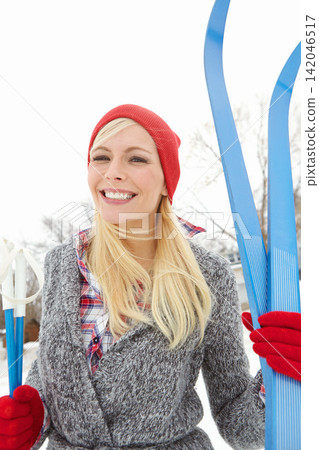 Girl, portrait and happy on vacation with ski board for alpine adventure, fun and exploring snowy wilderness. Woman, snow equipment and outdoor on winter holiday in Alaska for getaway and travel tour 142046517