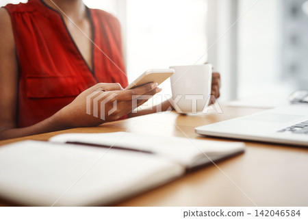 Woman, remote work or hands with phone for social media content, internet post or website notification. Digital nomad, application or person texting on online networking mobile app in home office 142046584