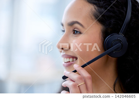 Thinking, call agent and woman with headset in office for career, smile and telecommunication. Employee, female person and consultant with ideas, support and answer questions for customer service Thinking, call agent and woman with headset in office for career, smile and telecommunication. Employee, female person and consultant with ideas, support and answer questions for customer service 142046605