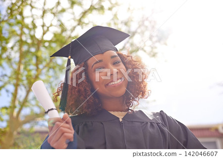 Student, graduate and portrait of woman with diploma for qualification, education and degree on graduation day. Female person, university youth and certificate for achievement, success or scholarship Student, graduate and portrait of woman with diploma for qualification, education and degree on graduation day. Female person, university youth and certificate for achievement, success or scholarship 142046607