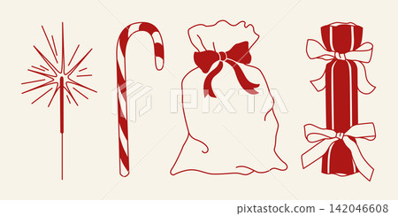 Hand-drawn Christmas or New Year clip art, bag of gifts, present, candy cane and sparkler for seasonal party decor, packaging Hand-drawn Christmas or New Year clip art, bag of gifts, present, candy cane and sparkler for seasonal party decor, packaging 142046608