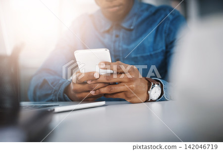 Office, hands and man with smartphone, typing and check email for schedule and online reading for company website. Person, journalist or worker with cellphone and social media with research for story Office, hands and man with smartphone, typing and check email for schedule and online reading for company website. Person, journalist or worker with cellphone and social media with research for story 142046719