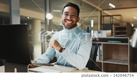 Laptop, portrait and business man smile at night for research, assessment and financial career. Male person, accounting and technology for budget planning, deadline and working late for report Laptop, portrait and business man smile at night for research, assessment and financial career. Male person, accounting and technology for budget planning, deadline and working late for report 142046754