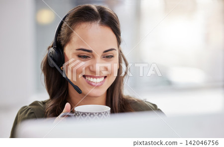 Happy, woman and office coffee break in call center with agent at computer reading email or online chat. Calm, consultant or relax in telecom customer care with easy virtual schedule or feedback Happy, woman and office coffee break in call center with agent at computer reading email or online chat. Calm, consultant or relax in telecom customer care with easy virtual schedule or feedback 142046756