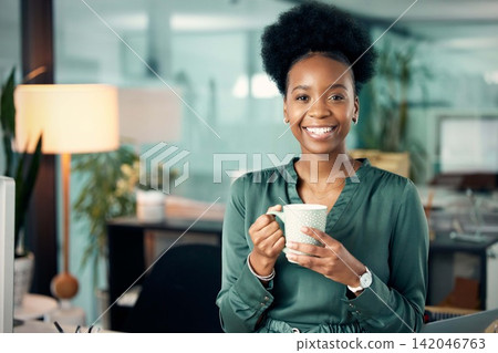 African woman, portrait and office with coffee, smile and confidence for career goals. Creative writer, professional news editor and expert reporter for content creation, publishing and press startup 142046763