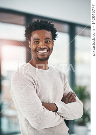 Black man, portrait and business with confidence of creative in career ambition or job opportunity at office. African, male person or employee designer with smile or arms crossed for pride in startup Black man, portrait and business with confidence of creative in career ambition or job opportunity at office. African, male person or employee designer with smile or arms crossed for pride in startup 142046777