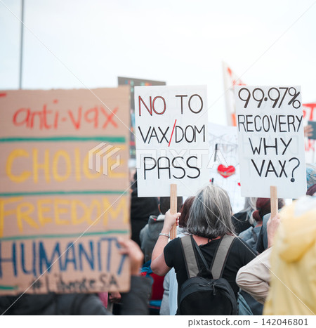People, protest and poster in group for vaccine, opinion or sign for corona, medical and human rights. Crowd, support and fight to stop pharma crime for choice, decision or covid with voice in city 142046801