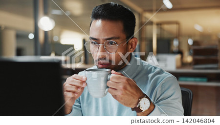 Computer, office and businessman with coffee at night with finance report, deadline and audit. Glasses, reading and person with caffeine drink for working late, budget planning and financial proposal Computer, office and businessman with coffee at night with finance report, deadline and audit. Glasses, reading and person with caffeine drink for working late, budget planning and financial proposal 142046804