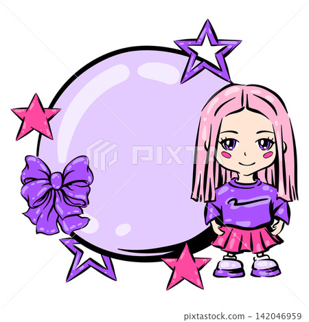 Anime kawaii girl with bow. Colorful cute print in cartoon style. Fashion illustration. Anime kawaii girl with bow. Colorful cute print in cartoon style. Fashion illustration. 142046959