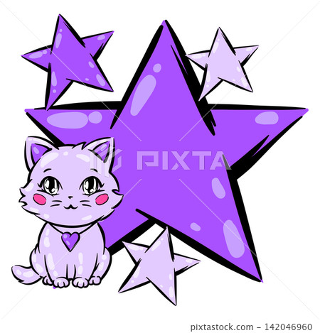 Anime kawaii cat with stars. Colorful cute print in cartoon style. Fashion illustration. Anime kawaii cat with stars. Colorful cute print in cartoon style. Fashion illustration. 142046960