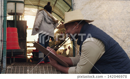 Black man, farmer and writing with clipboard for cattle, inspection or counting chickens in barn. African male person taking notes with livestock or animals for agriculture or production on farm Black man, farmer and writing with clipboard for cattle, inspection or counting chickens in barn. African male person taking notes with livestock or animals for agriculture or production on farm 142046978