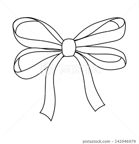 Black outline cute bow illustration. Ribbon with knot for gift card and design. Black outline cute bow illustration. Ribbon with knot for gift card and design. 142046979