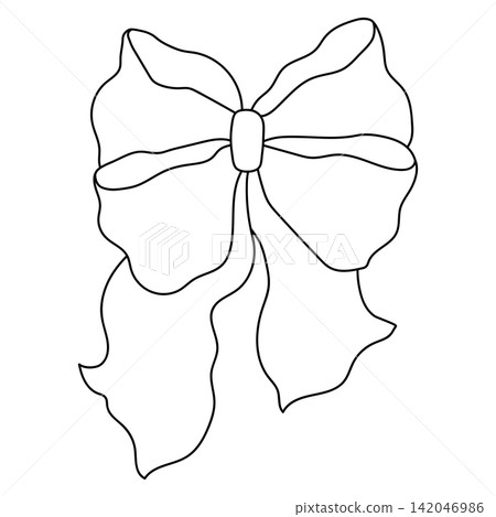 Black outline lush bow illustration. Ribbon with knot for gift card and design. Black outline lush bow illustration. Ribbon with knot for gift card and design. 142046986