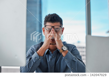 Business, office and man with headache, eye strain and anxiety with burnout, tired or overworked. Person, employee or consultant with migraine, depression or pain with company risk, stress or fatigue Business, office and man with headache, eye strain and anxiety with burnout, tired or overworked. Person, employee or consultant with migraine, depression or pain with company risk, stress or fatigue 142047029