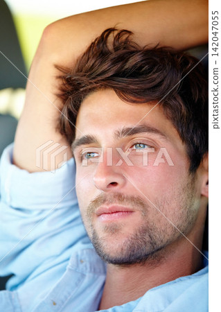 Man, relax and car for vacation, road trip and outdoor recreation for break in summer holiday. Male tourist or traveler and serious in vehicle for travel destination, adventure or explore for getaway Man, relax and car for vacation, road trip and outdoor recreation for break in summer holiday. Male tourist or traveler and serious in vehicle for travel destination, adventure or explore for getaway 142047055