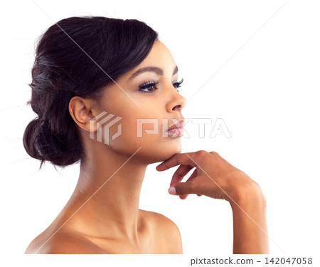 Girl, makeup and thinking in studio for beauty with eye lashes, cosmetics and glowing lips for self care or confidence. Woman, isolated and white background with dermatology, glamour and shine. Girl, makeup and thinking in studio for beauty with eye lashes, cosmetics and glowing lips for self care or confidence. Woman, isolated and white background with dermatology, glamour and shine. 142047058