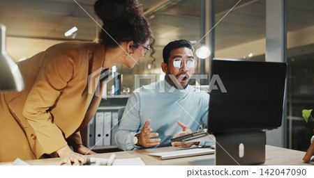 Surprised, team and business people with laptop at night, info or happy for financial success on web. Accountant, working late and colleagues with technology, shocked and audit achievement in office Surprised, team and business people with laptop at night, info or happy for financial success on web. Accountant, working late and colleagues with technology, shocked and audit achievement in office 142047090