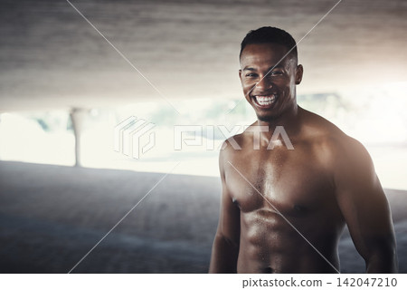 Smile, fitness and portrait of black man with muscles for body building, strength and workout. Happy, sports and confident male athlete with muscular exercise for outdoor training in Jamaica. Smile, fitness and portrait of black man with muscles for body building, strength and workout. Happy, sports and confident male athlete with muscular exercise for outdoor training in Jamaica. 142047210