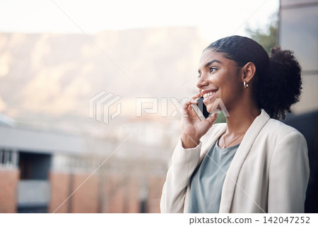 Phone call, city and business black woman in discussion for planning, talking and networking. Communication, professional and worker on office balcony on smartphone in conversation, speaking and chat Phone call, city and business black woman in discussion for planning, talking and networking. Communication, professional and worker on office balcony on smartphone in conversation, speaking and chat 142047252