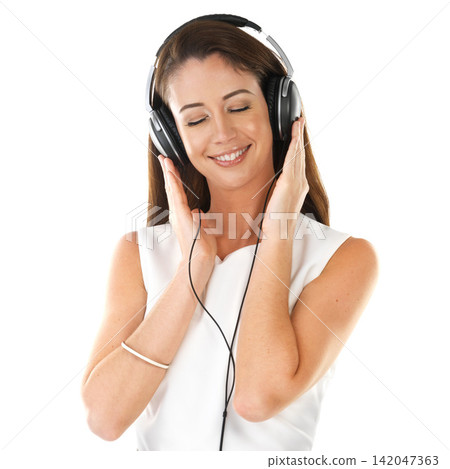 Smile, music and woman on headphones in studio for streaming and listening to audio online isolated on white background. Eyes closed, radio tech and happy girl on podcast, sound or jazz to relax Smile, music and woman on headphones in studio for streaming and listening to audio online isolated on white background. Eyes closed, radio tech and happy girl on podcast, sound or jazz to relax 142047363