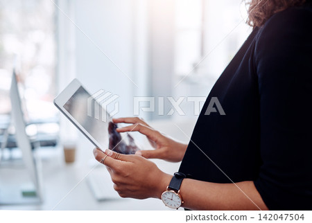 Tablet, person and hands in office for research, social media and networking or communication. Closeup, woman and browsing internet for work information, learning and ideas for contact or messages 142047504