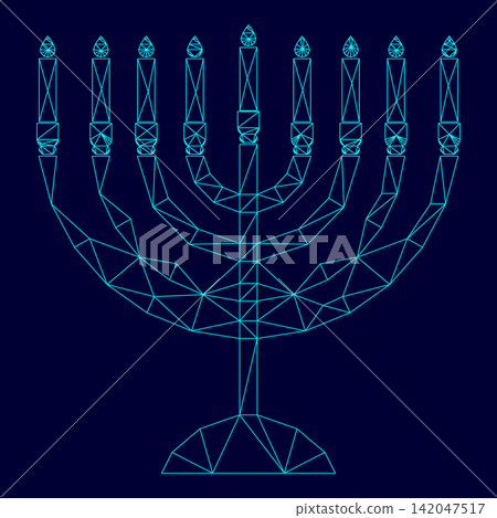 Menorah for Hanukkah low poly triangulation triangulated polygonal electric cyan blue vibrant aqua neon color vector illustration image outline contour line Menorah for Hanukkah low poly triangulation triangulated polygonal electric cyan blue vibrant aqua neon color vector illustration image outline contour line 142047517