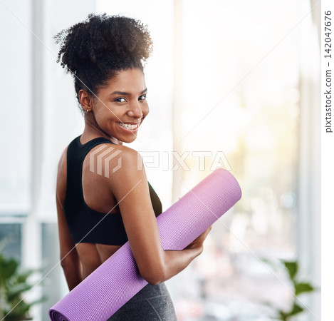 Black woman, smile and pilates or yoga mat in portrait ready for health, wellness or exercise and workout. Female person, happy and excited in gym class for cardio, fitness and training or holistic 142047676