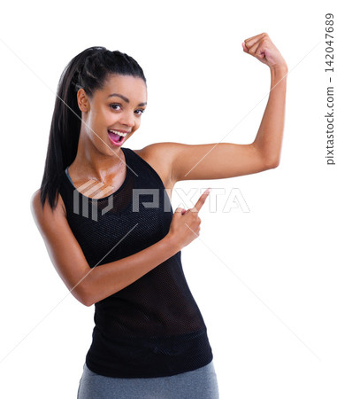 Strong, muscle of woman and face from workout, exercise and training for wellness isolated on white background. Show, portrait or athlete for performance, gym and energy for sport in studio backdrop Strong, muscle of woman and face from workout, exercise and training for wellness isolated on white background. Show, portrait or athlete for performance, gym and energy for sport in studio backdrop 142047689