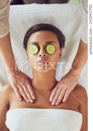Woman, spa and neck massage for beauty, masseuse hands and cucumber for dark circles. Resting, stress relief and calm for cosmetic and wellness, soothing therapy and natural or luxury treatment Woman, spa and neck massage for beauty, masseuse hands and cucumber for dark circles. Resting, stress relief and calm for cosmetic and wellness, soothing therapy and natural or luxury treatment 142047702