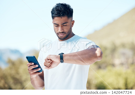 Man, fitness and checking time with watch in nature for tracking performance, steps or workout schedule. Male person, runner or athlete with wristwatch for monitoring heart rate in outdoor exercise Man, fitness and checking time with watch in nature for tracking performance, steps or workout schedule. Male person, runner or athlete with wristwatch for monitoring heart rate in outdoor exercise 142047724