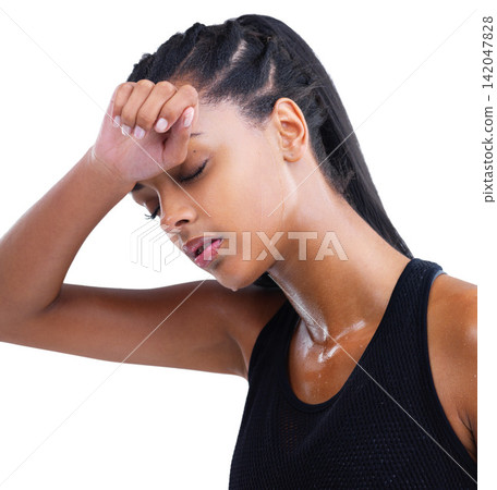 Tired, woman and sweat from workout, exercise and training for wellness on break isolated on white background. Rest, relax and athlete exhausted for performance, gym and energy for sport in studio Tired, woman and sweat from workout, exercise and training for wellness on break isolated on white background. Rest, relax and athlete exhausted for performance, gym and energy for sport in studio 142047828