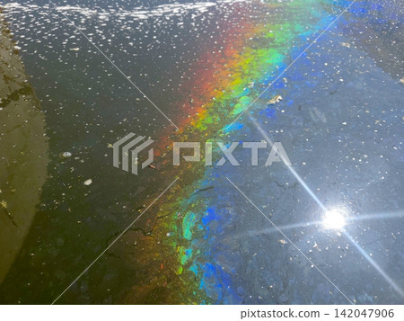 Colorful Rainbow Effect on Water Surface Caused by Oil or Fuel Spill Colorful Rainbow Effect on Water Surface Caused by Oil or Fuel Spill 142047906